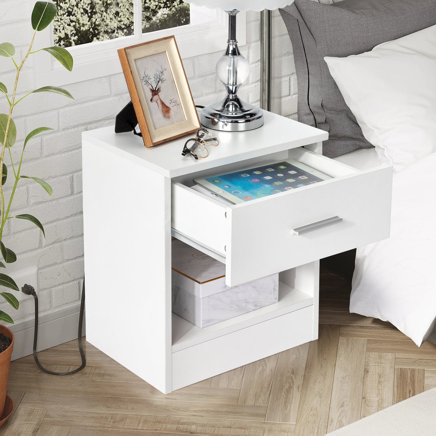 Mafett 2-Tier Nightstand Bedside Cabinet End Table for Bedroom Home Office White