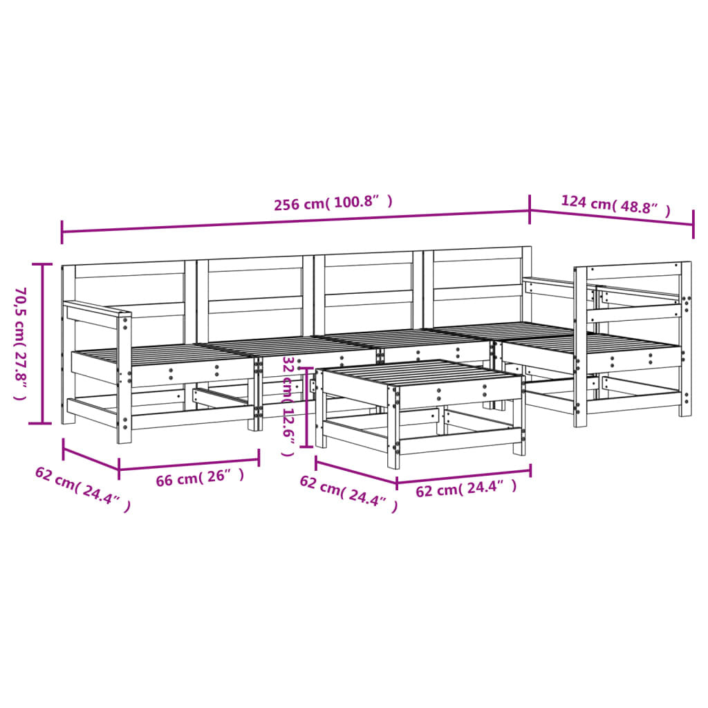 Aluxo 6 Piece Garden Lounge Set Solid Wood Pine