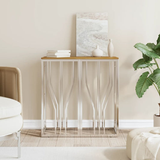 Mafett Console Table Silver Stainless Steel and Solid Wood Acacia