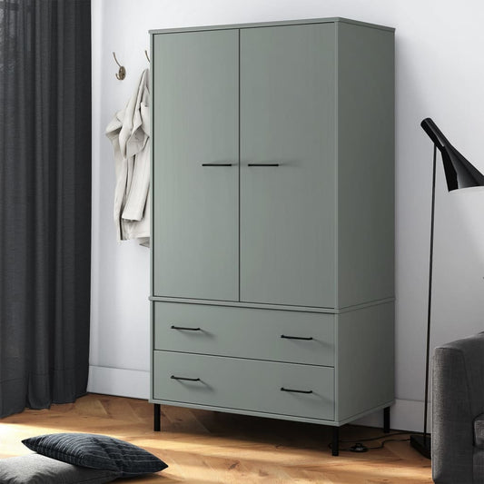 Amboise Compact Wooden Wardrobe – Grey Solid Wood with Elegant Metal Legs