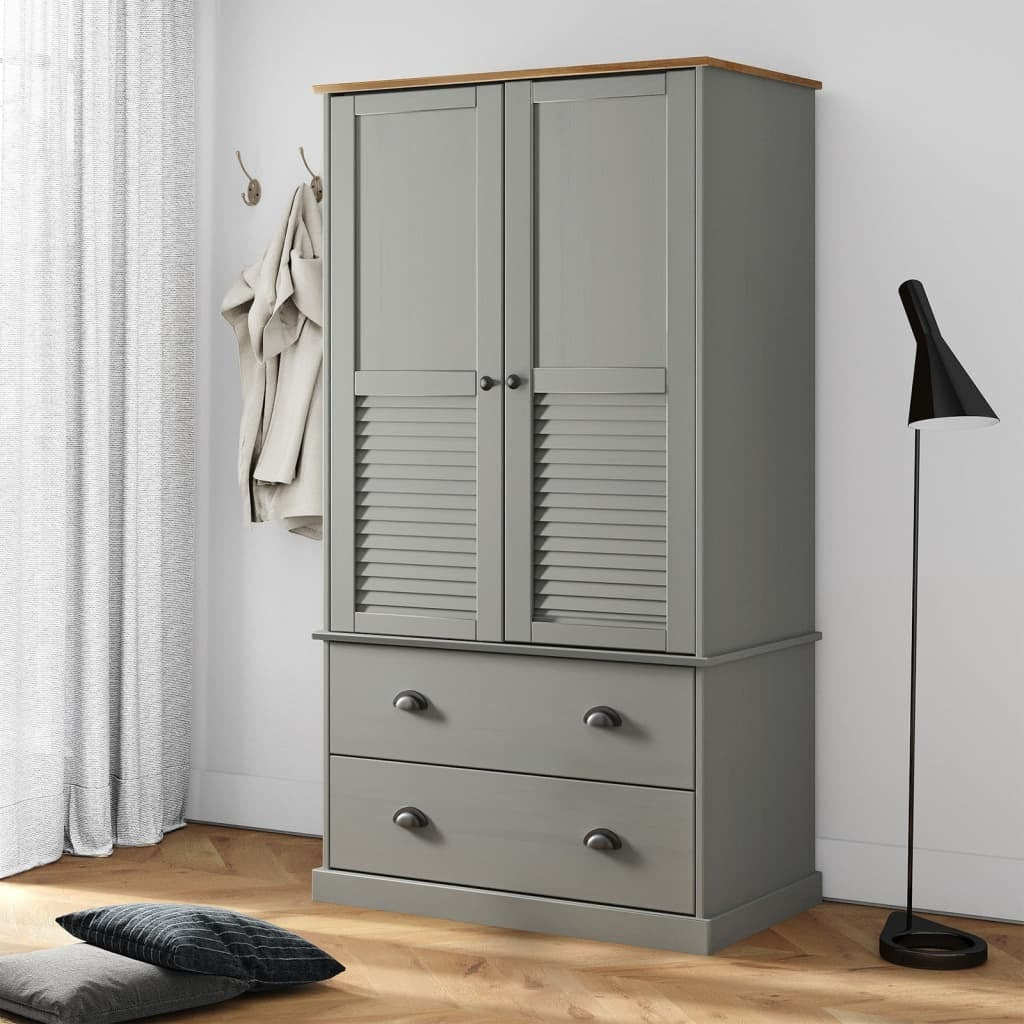 Celine French-Inspired Classy Wardrobe – Grey Solid Pine Wood with Elegant Detailing