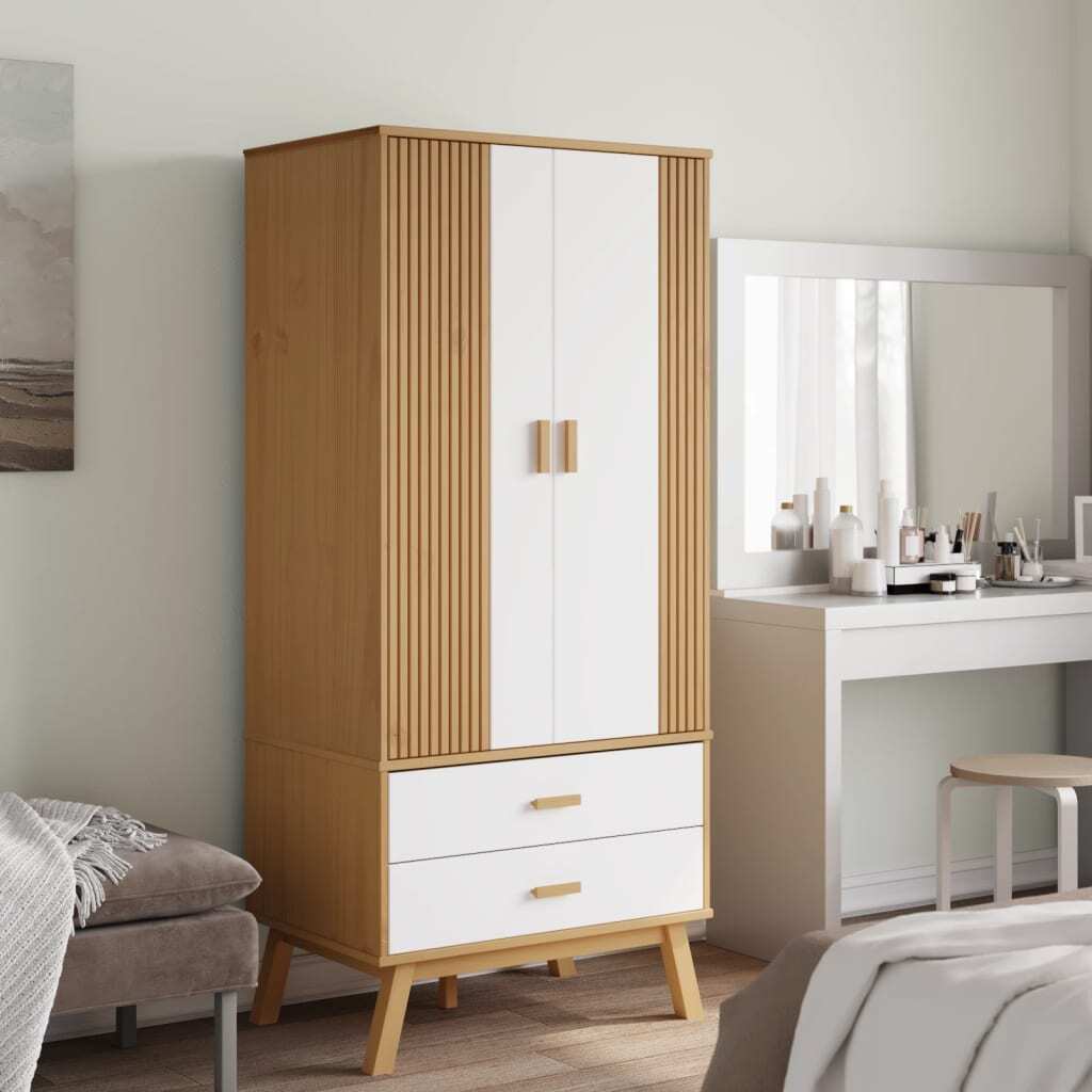 Davina Scandinavian-Style Wardrobe – White and Brown Solid Pine Wood, Elegant and Functional Design