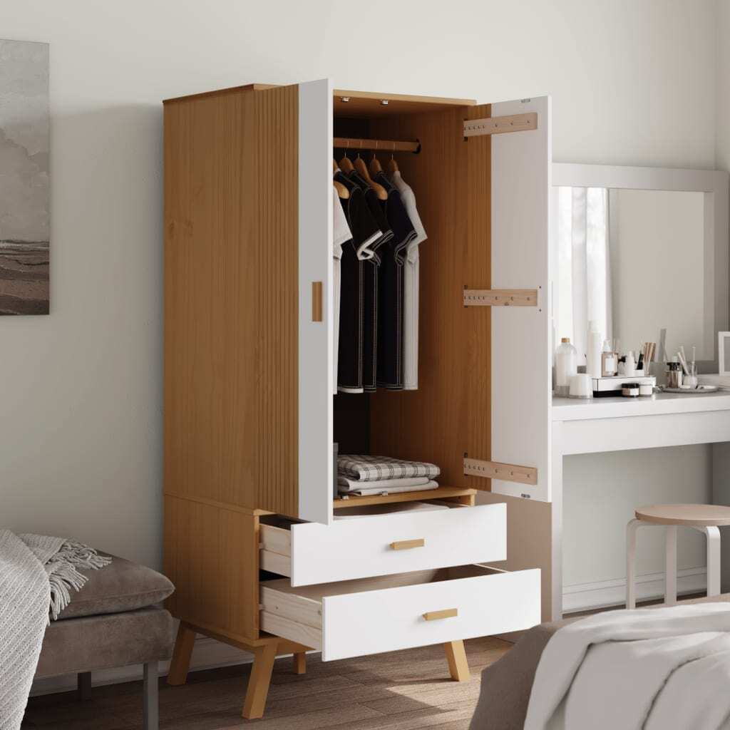 Davina Scandinavian-Style Wardrobe – White and Brown Solid Pine Wood, Elegant and Functional Design