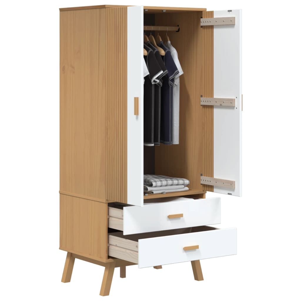 Davina Scandinavian-Style Wardrobe – White and Brown Solid Pine Wood, Elegant and Functional Design