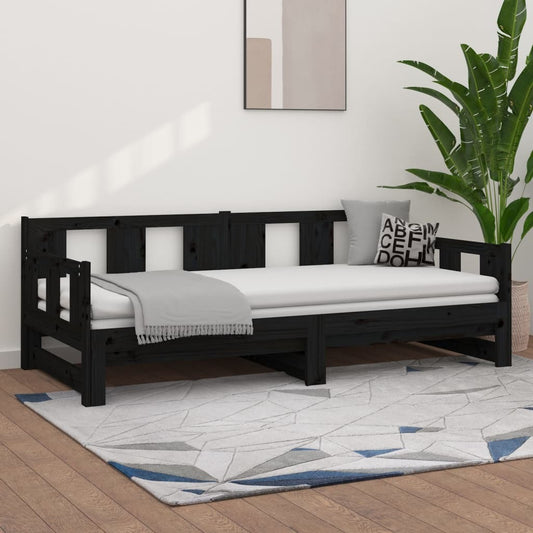 Pull-out Day Bed Black Solid Wood Pine 2x(90x200) cm