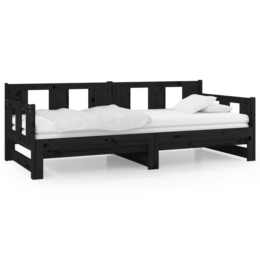 Pull-out Day Bed Black Solid Wood Pine 2x(90x200) cm