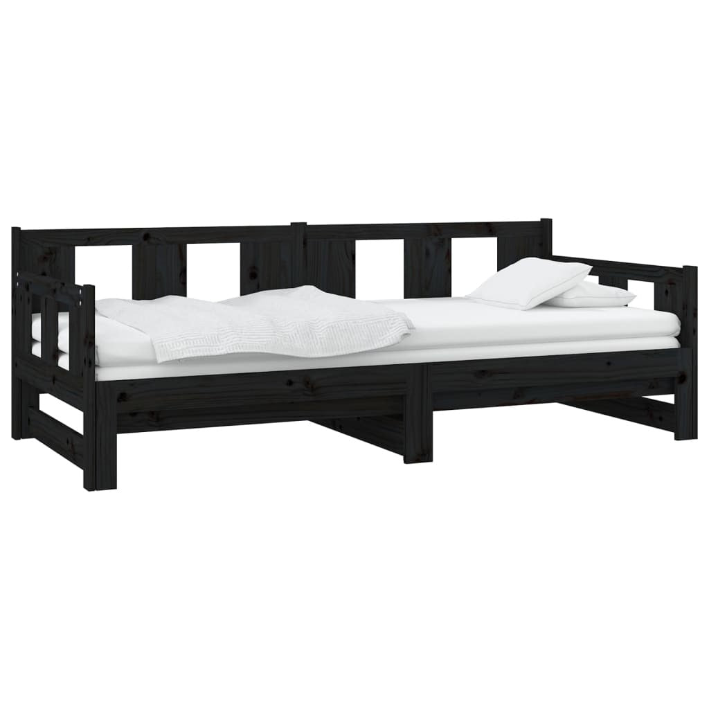 Pull-out Day Bed Black Solid Wood Pine 2x(90x200) cm