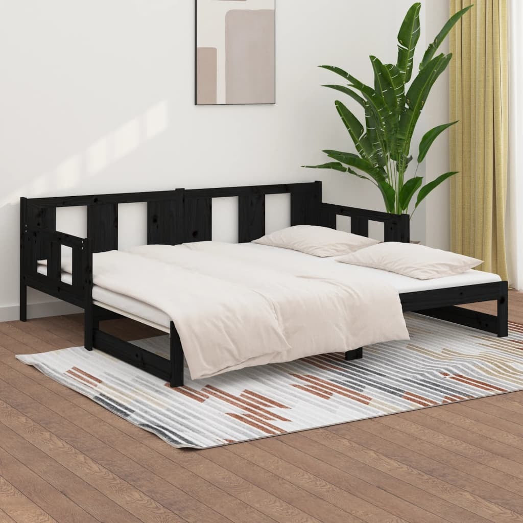 Pull-out Day Bed Black Solid Wood Pine 2x(90x200) cm