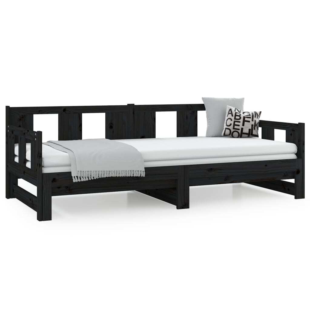 Pull-out Day Bed Black Solid Wood Pine 2x(90x200) cm