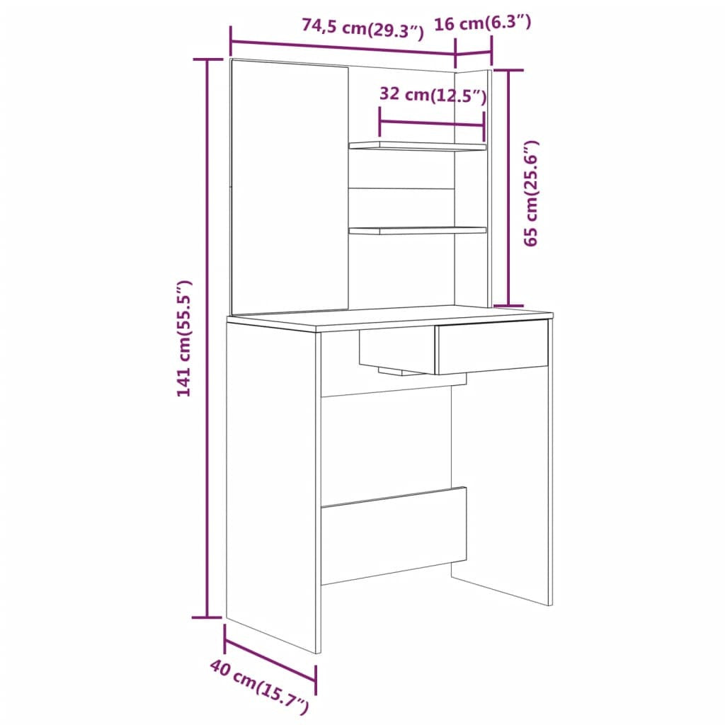 Modern Dressing Table with Mirror Smoked Oak by Mafett Collection 74.5x40x141 cm