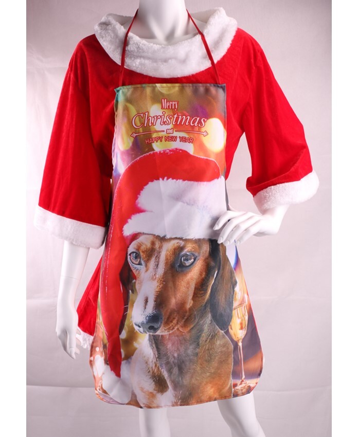 Dog Print Mrs. Claus Apron with Black Belt and Buckle Design