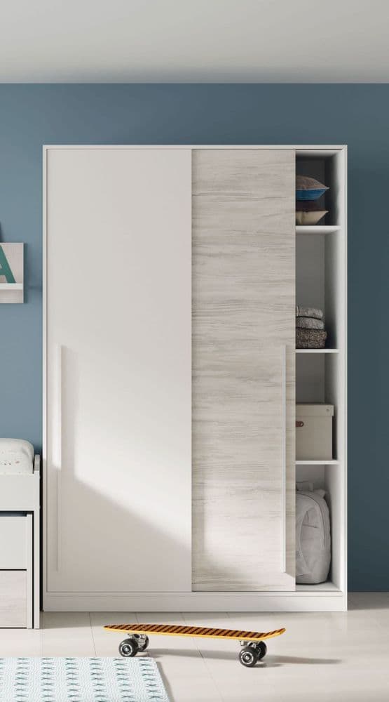 Avalon Pure White & White Oak Effect 2-Door Sliding Wardrobe – 120cm Compact Elegance