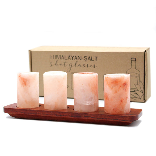 Handmade Set of 4 Himalayan Salt Shot Glasses by Mafett  & Wood Serving Stand Gift Set Celebration