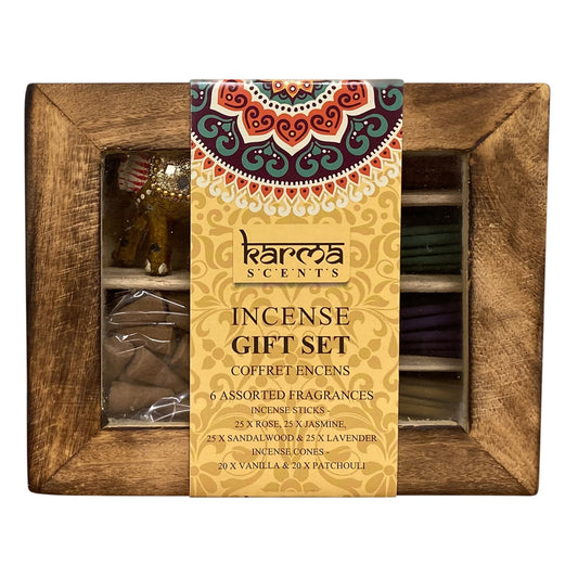 Karma Incense Gift Set Mafett | Elegant Wooden Box with Glass Panel, 100 Assorted Mini Incense Sticks & 40 Cones with Elephant Holder