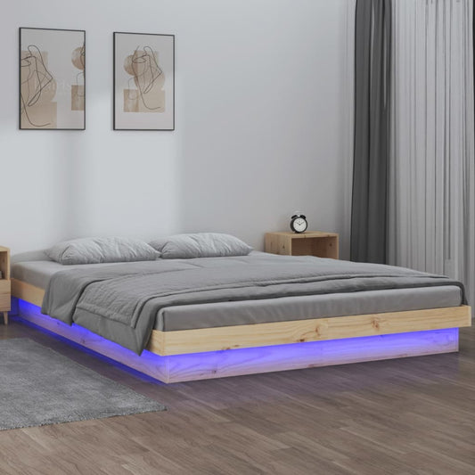 Luna LED Double Bed Frame – Solid Wax Brown Pine Wood