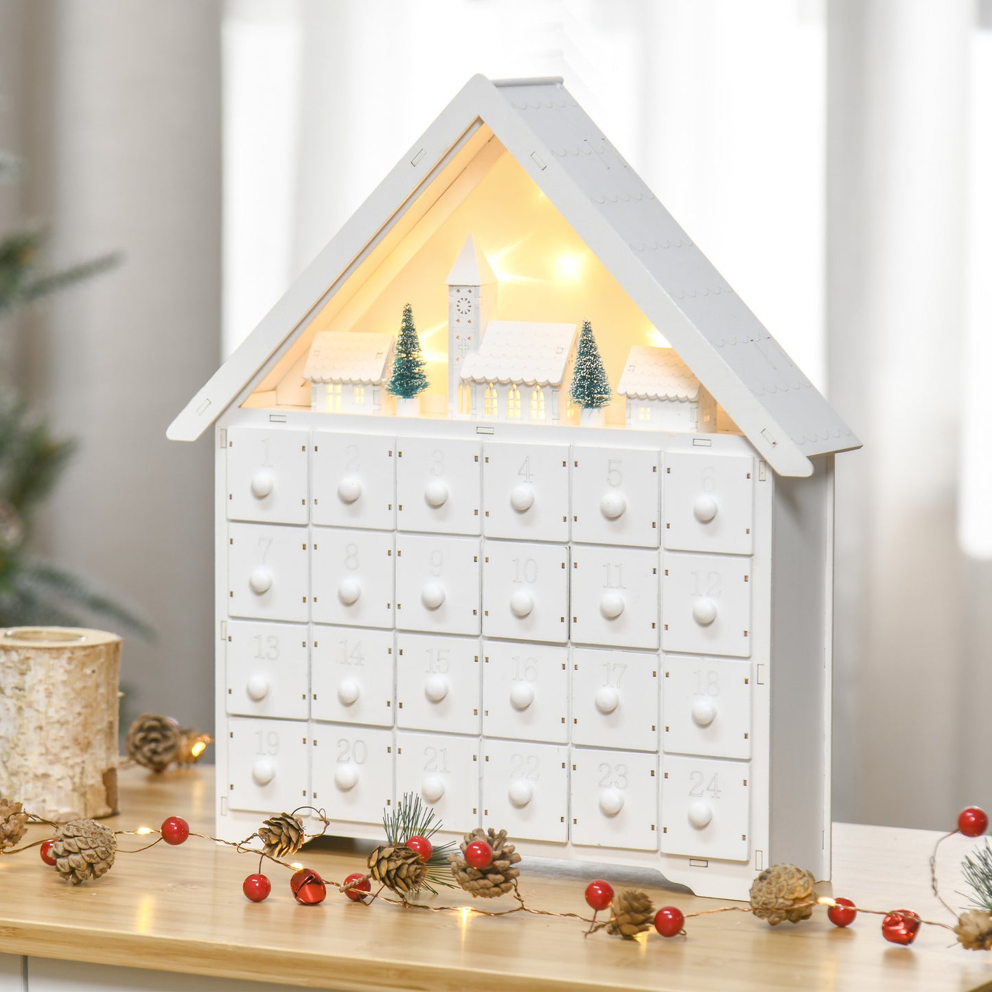 Mafett 24-Drawer Christmas Advent Calendar Wooden Light-Up Countdown White