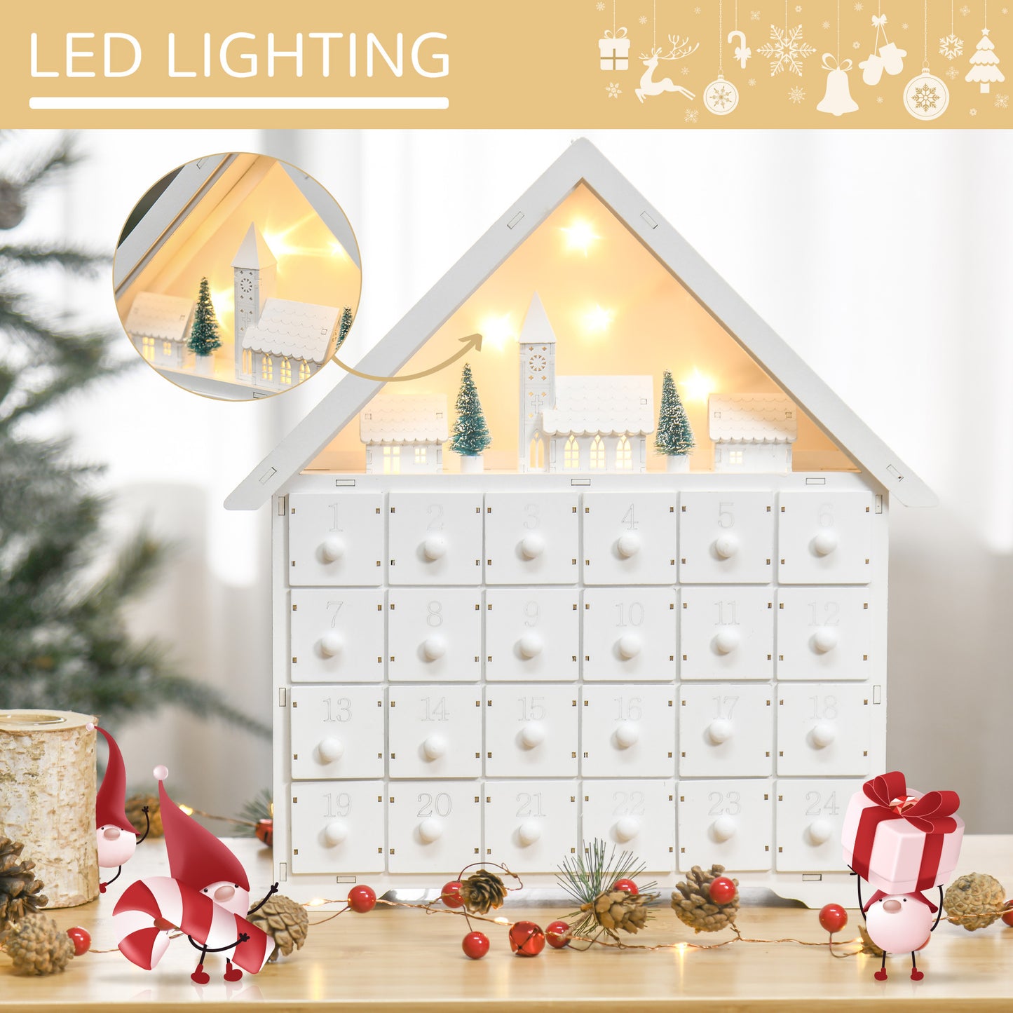 Mafett 24-Drawer Christmas Advent Calendar Wooden Light-Up Countdown White