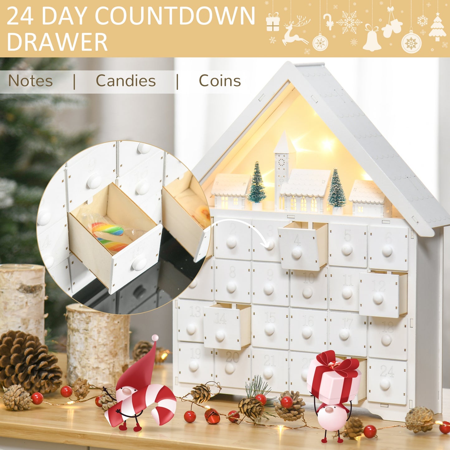 Mafett 24-Drawer Christmas Advent Calendar Wooden Light-Up Countdown White