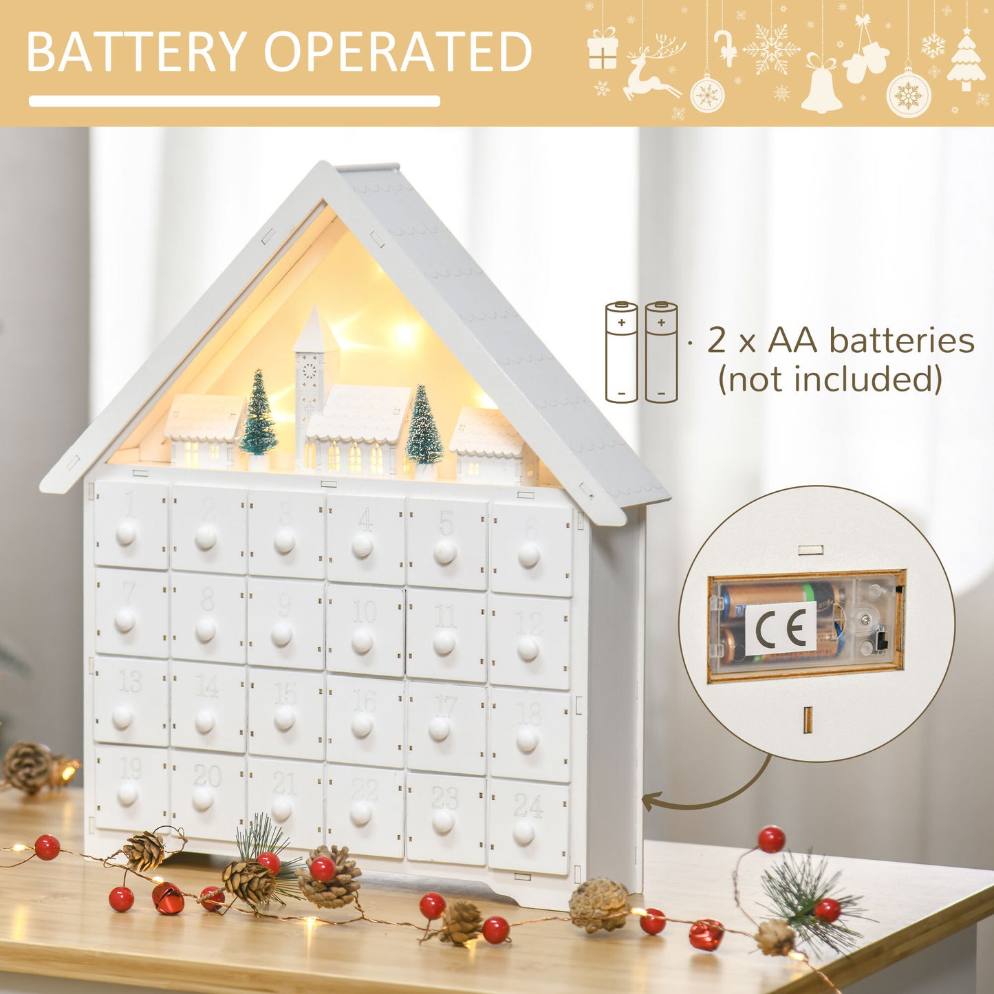 Mafett 24-Drawer Christmas Advent Calendar Wooden Light-Up Countdown White