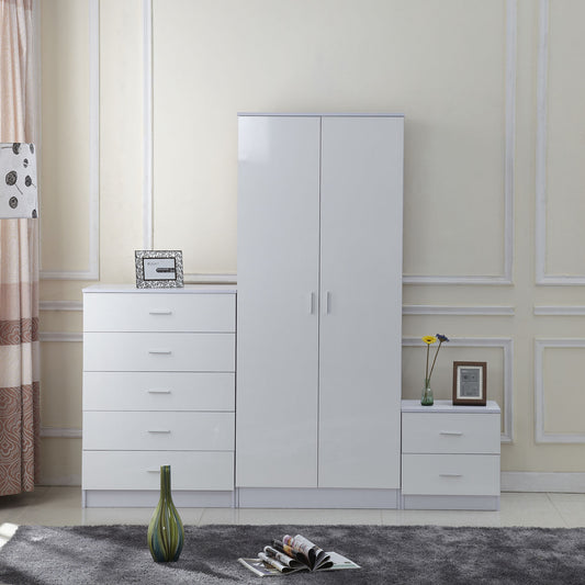 Richmond Tall White High-Gloss Wardrobe Set – 3-Piece with Chest & 7-Drawer Bedside Table