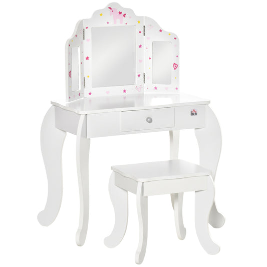 Mafett Kids Vanity Table & Stool Girls Dressing Set w/ Rotatable Mirror Drawer and Stool