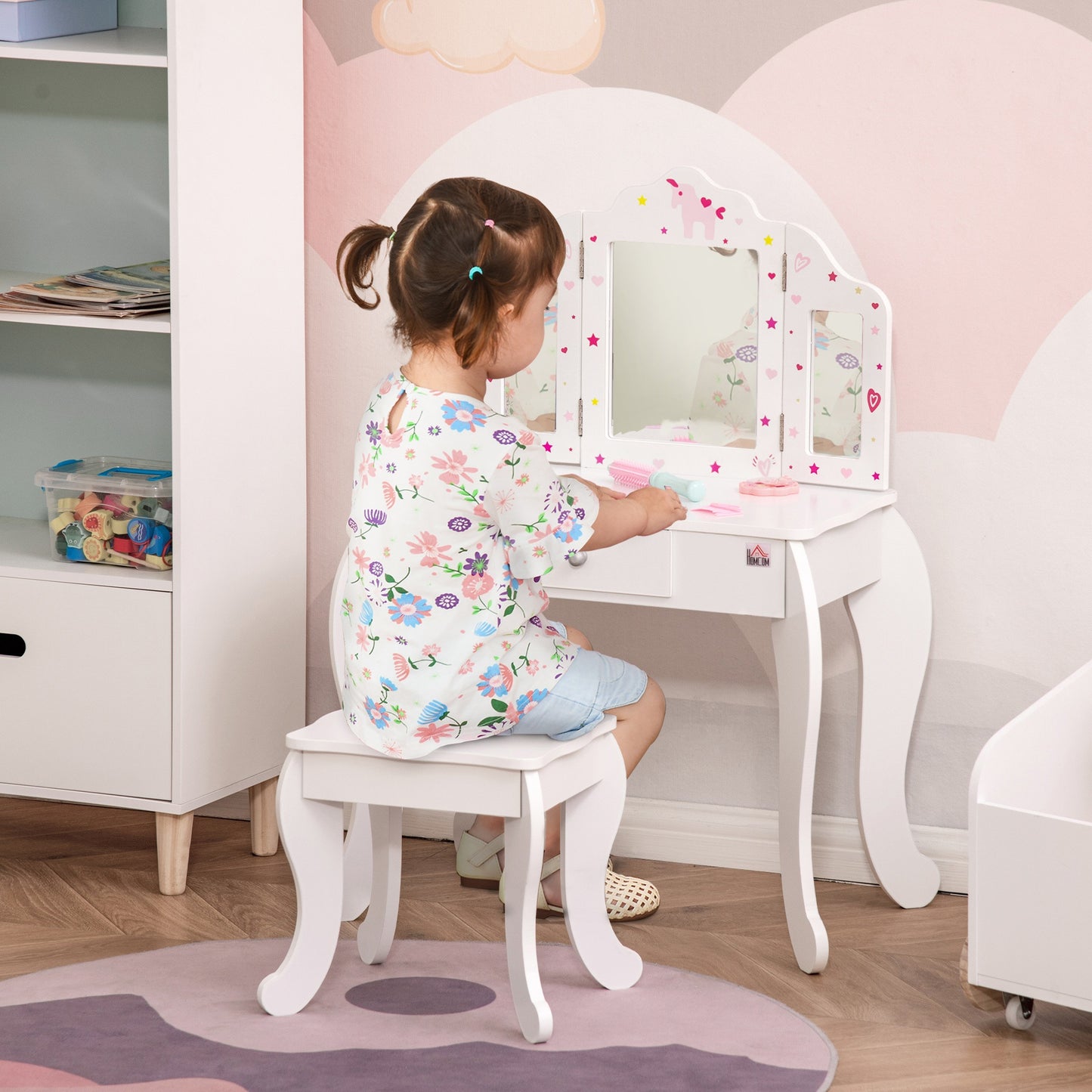 Mafett Kids Vanity Table & Stool Girls Dressing Set w/ Rotatable Mirror Drawer and Stool