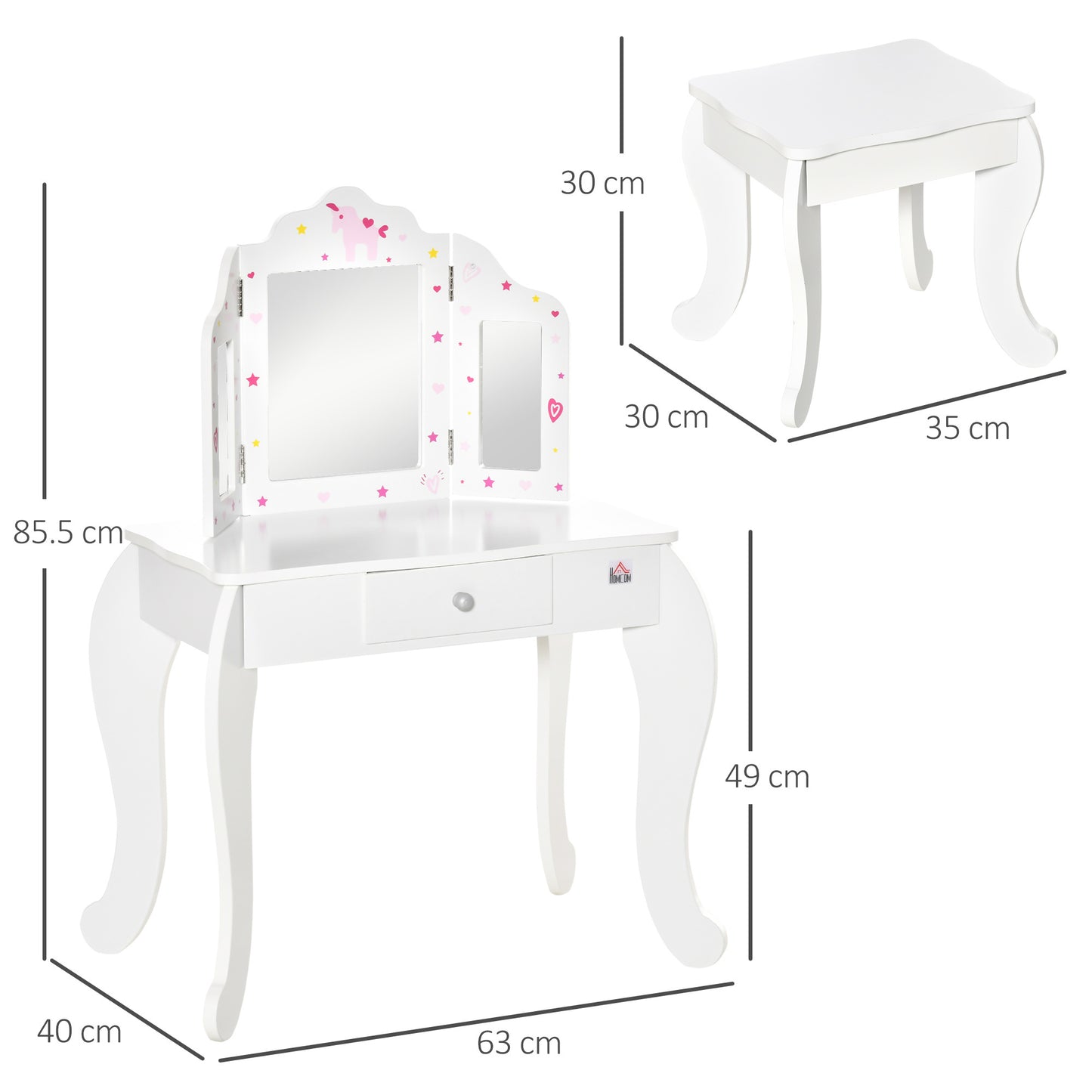 Mafett Kids Vanity Table & Stool Girls Dressing Set w/ Rotatable Mirror Drawer and Stool