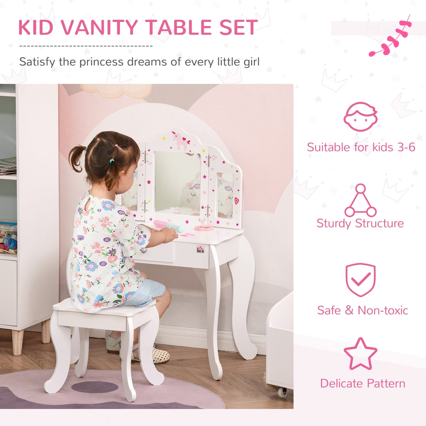 Mafett Kids Vanity Table & Stool Girls Dressing Set w/ Rotatable Mirror Drawer and Stool