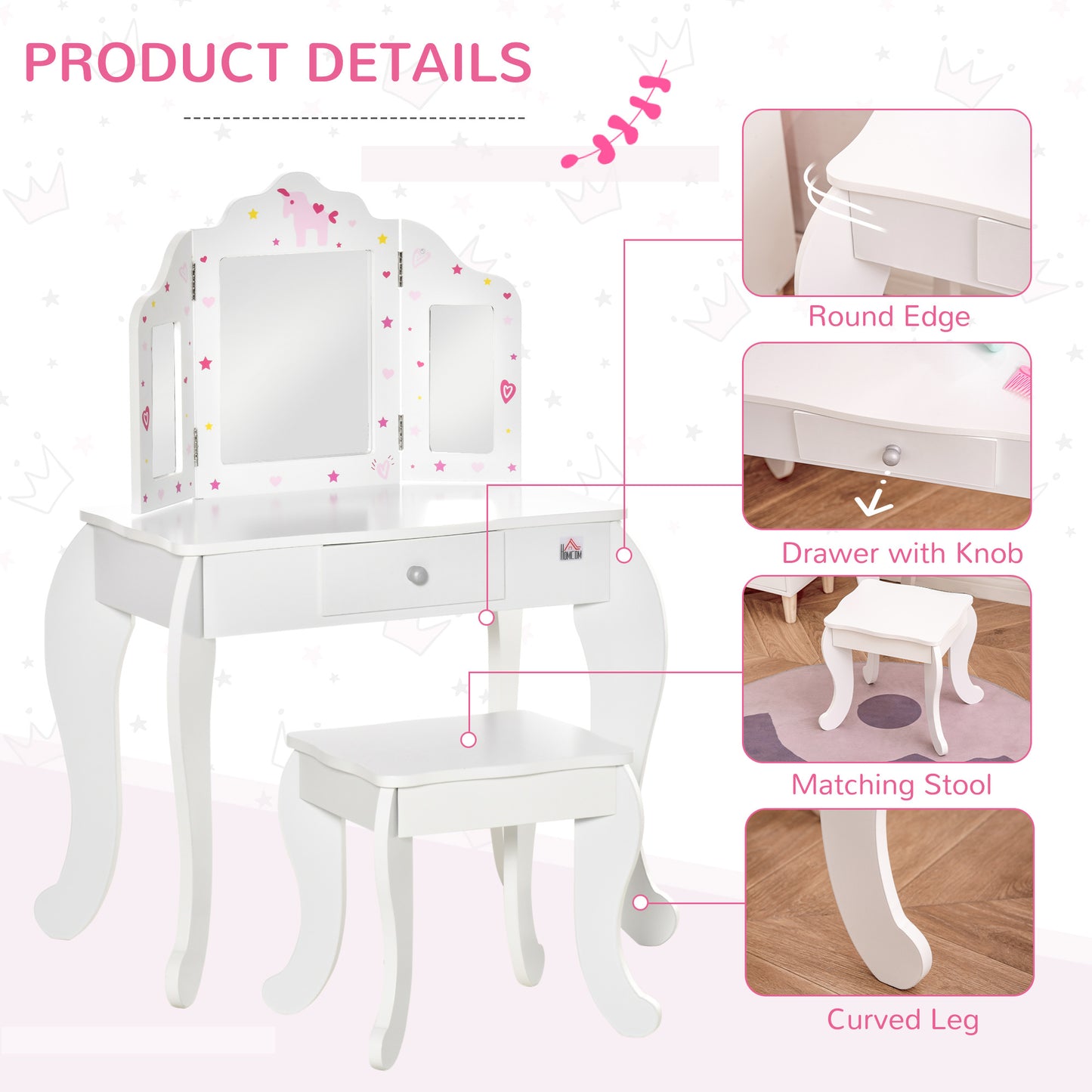 Mafett Kids Vanity Table & Stool Girls Dressing Set w/ Rotatable Mirror Drawer and Stool