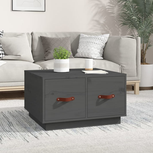 Mafett Solid Pine Wood Coffee Table – 60x53x35 cm with Faux Leather Accents, Modern Grey Finish