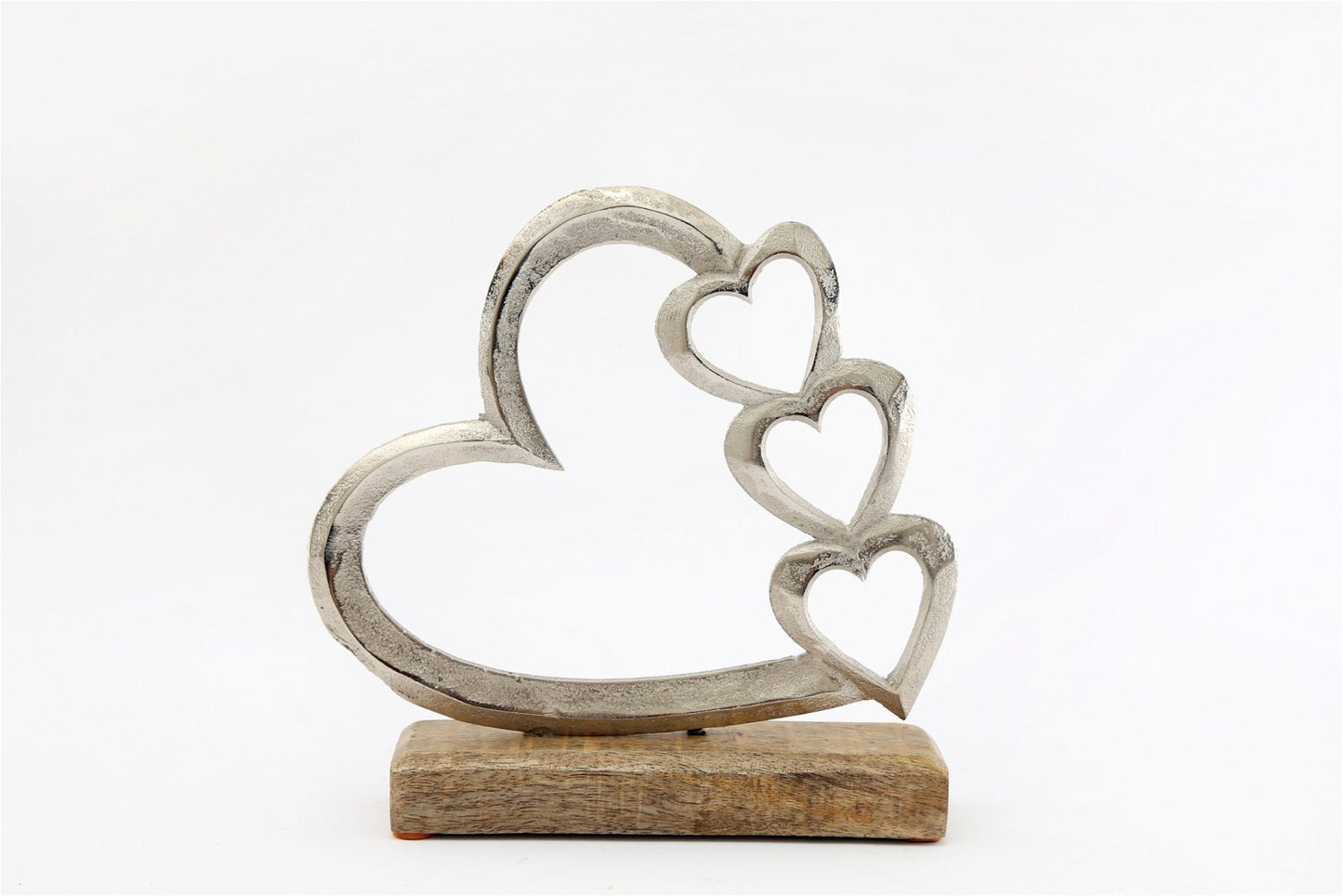 Metal Silver Four Heart Ornament on a Wooden Base, Medium-sized - Perfect for Infusing Your Space with Love and Sophisticated Style, Elevating Every Corner of Your Living Space with Grace and Charm