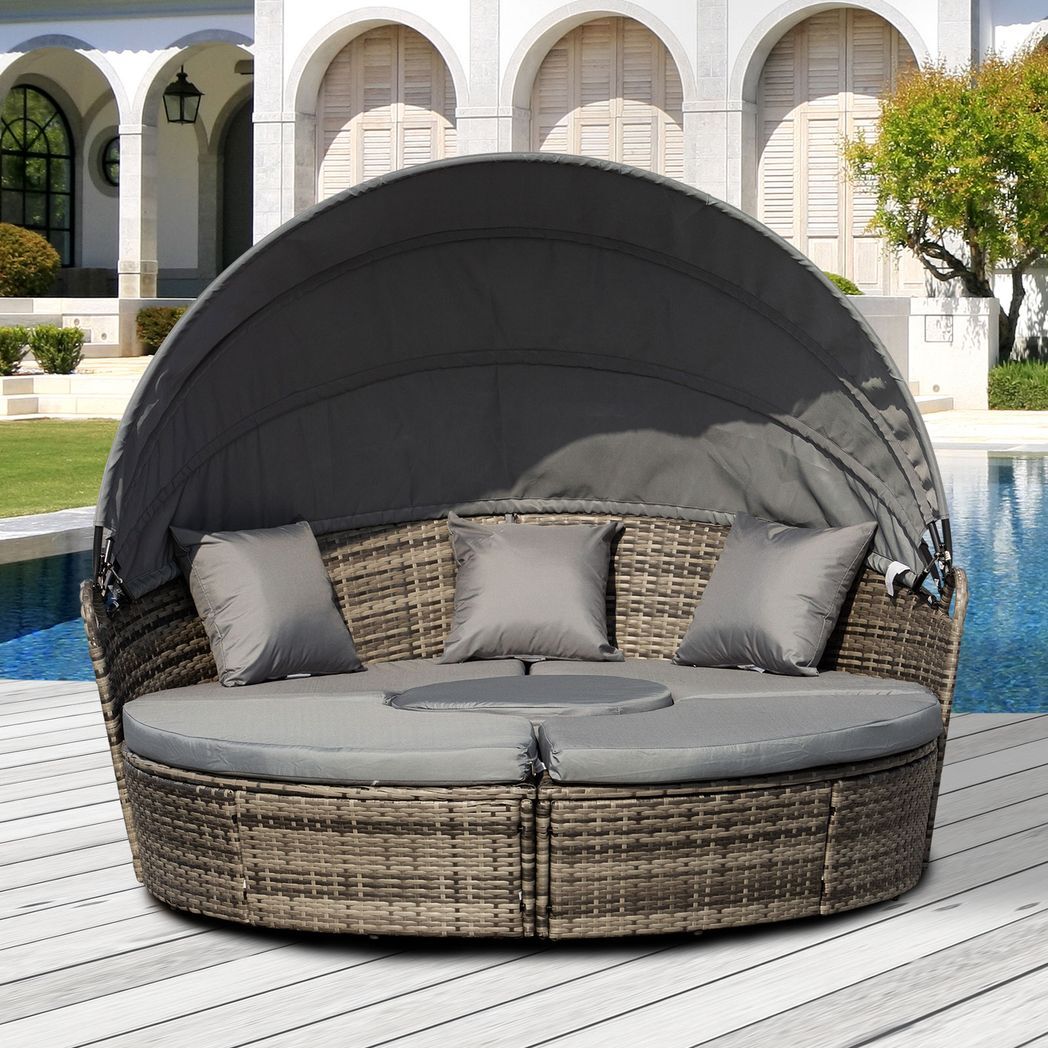 Mafett Outsunny 5 PCs Cushioned Outdoor Plastic Rattan Round Sofa Bed Table Set Grey