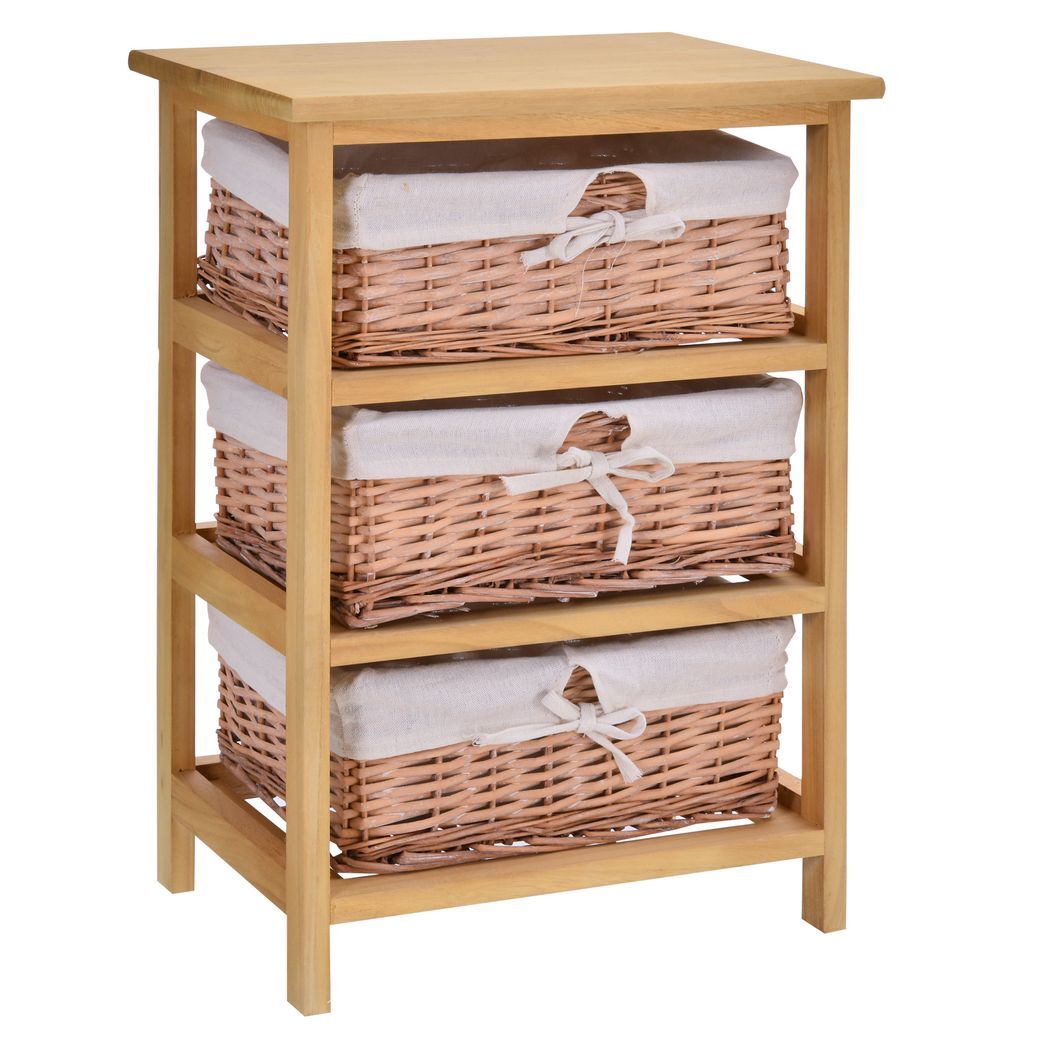 Mafett 3 Drawer Wicker Basket Storage Shelf Unit Wooden Frame Home Natural