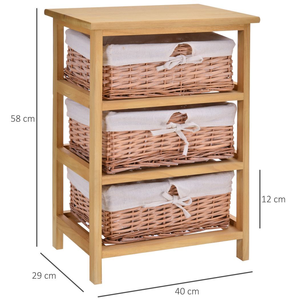 Mafett 3 Drawer Wicker Basket Storage Shelf Unit Wooden Frame Home Natural