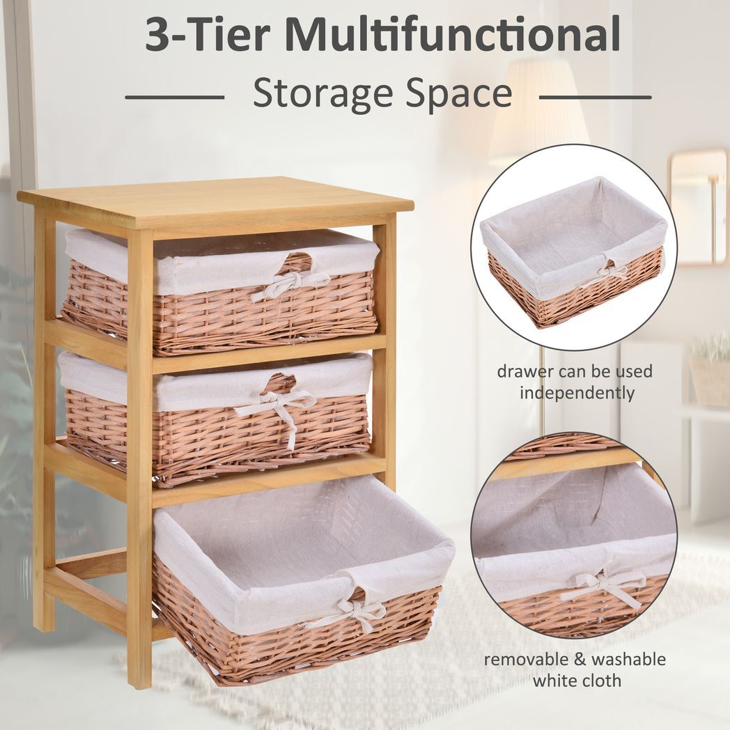 Mafett 3 Drawer Wicker Basket Storage Shelf Unit Wooden Frame Home Natural