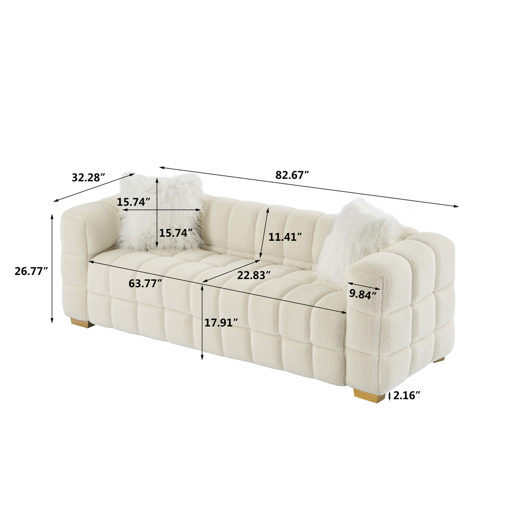 Italian Modular Beige Wide Square Arm Teddy Velvet Rectangular Sofa, 2 Pillows