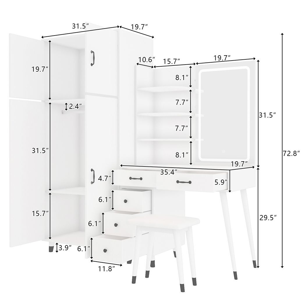 Celine Makeup Vanity Table and Large Armoire Wardrobe Set, Dressing Table with LED Mirror