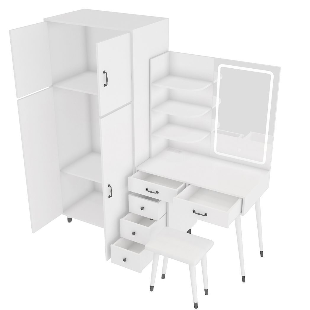 Celine Makeup Vanity Table and Large Armoire Wardrobe Set, Dressing Table with LED Mirror