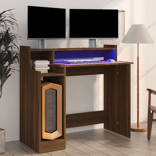 Brown Oak LED Desk – Smoked Oak Engineered Wood Workstation (97 x 90 x 45 cm