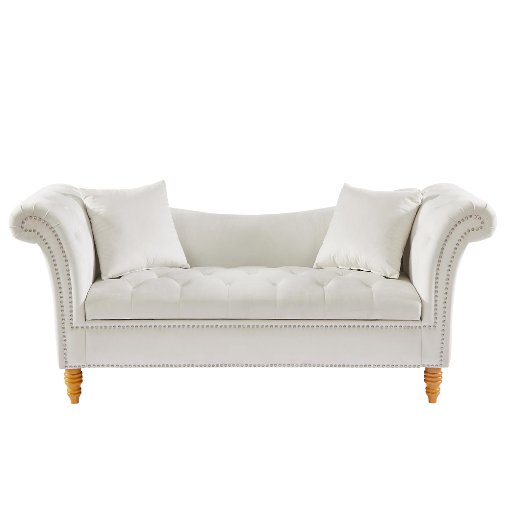 Velvet Sofa Stool with 2 Pillows in Beige