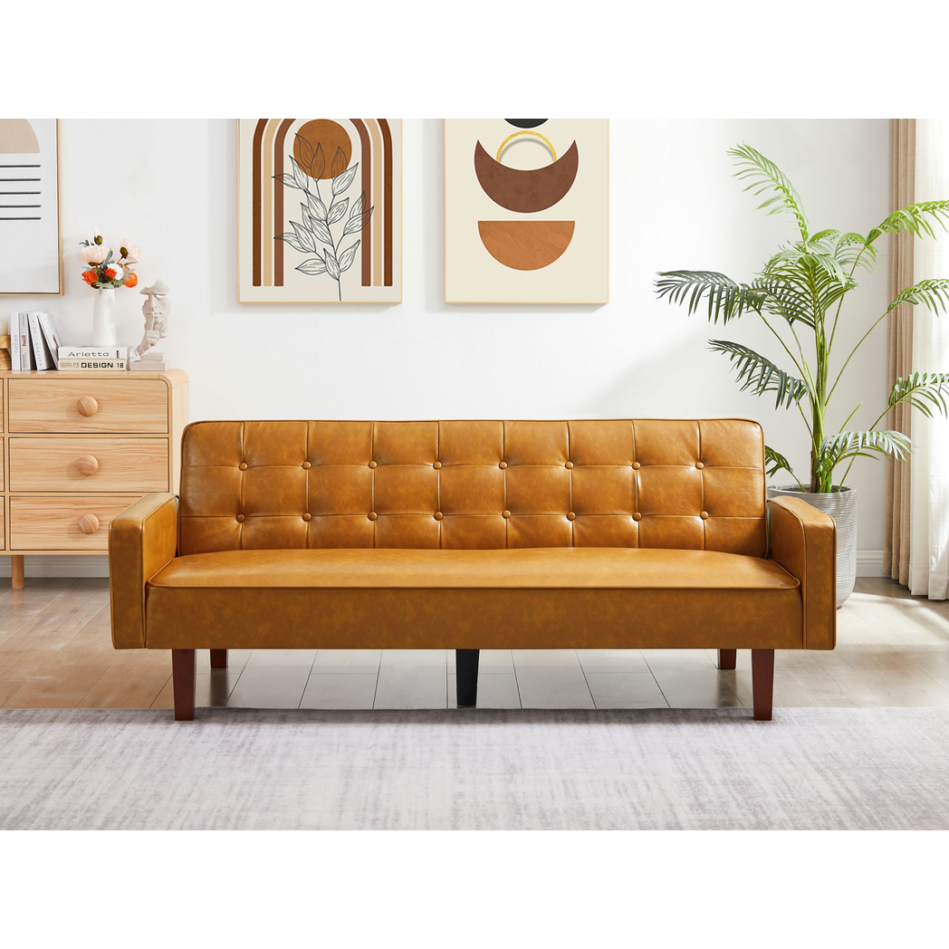 Granvia Contemporary Brown Convertible Sofa Bed – PU Leather, Tufted Buttons, Removable Wooden Feet