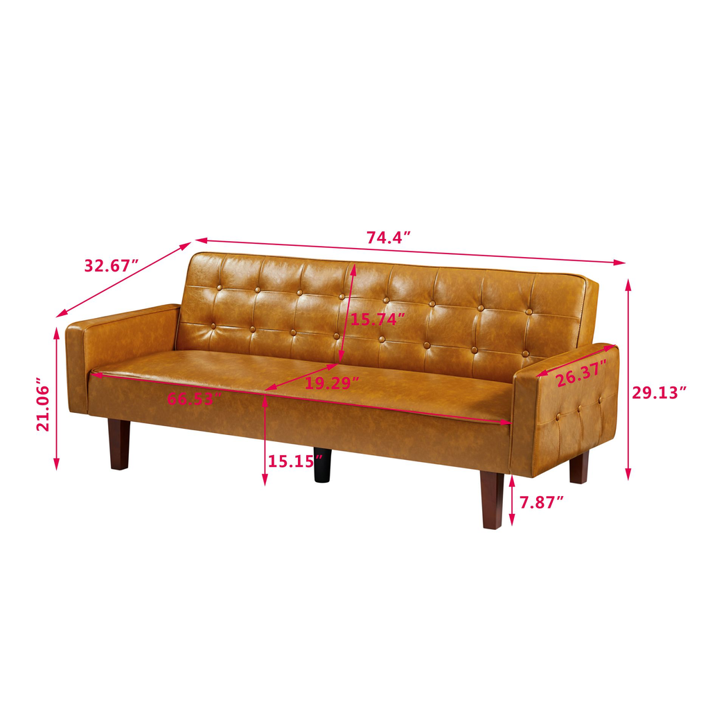 Granvia Contemporary Brown Convertible Sofa Bed – PU Leather, Tufted Buttons, Removable Wooden Feet