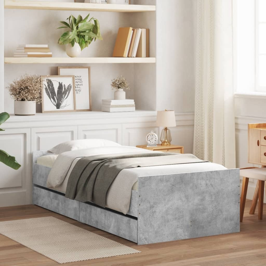 Mafett Small Single Bed Frame with Storage Drawers – Concrete Grey (75x190 cm)