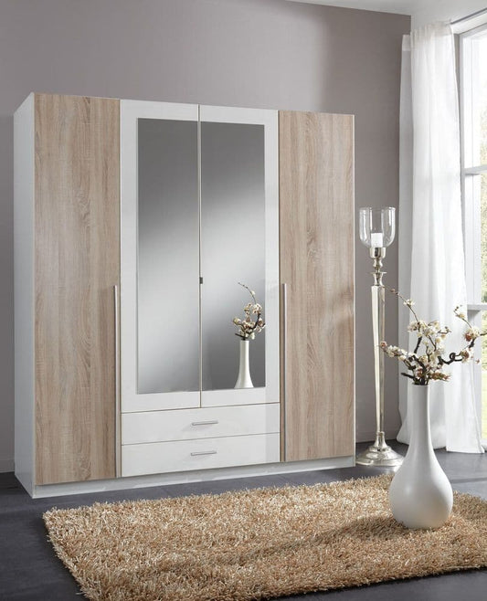 Aurora White and Oak Effect 4 Door/ 2 Drawer Wardrobe