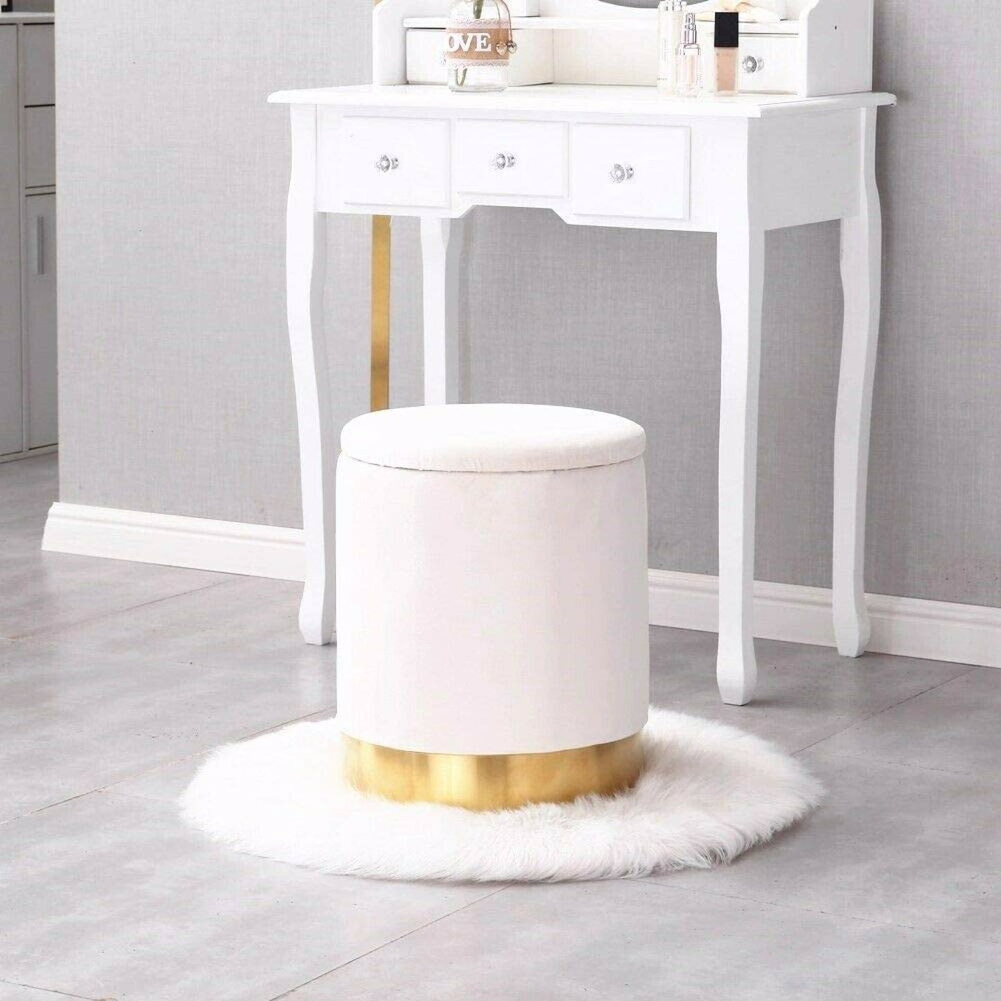 Round Storage Ottoman Velvet Upholstered Footrest Dressing Stool, Padded Vanity Stool with Golden Metal Trim Removable Lid Change Shoe Footrest for Bedroom Living Room